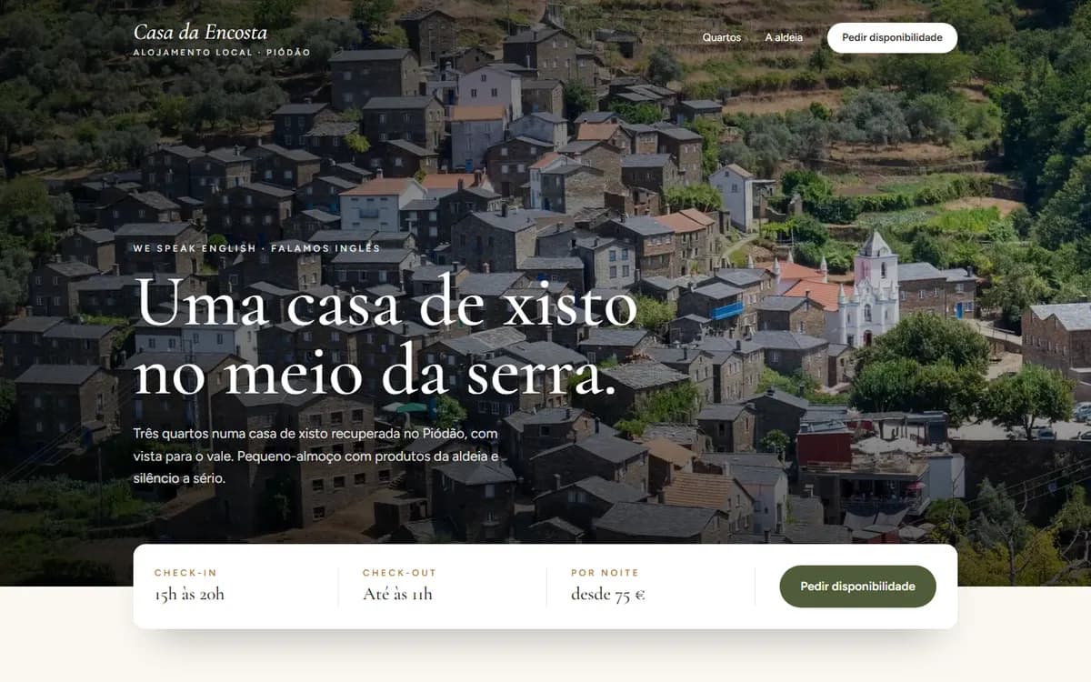 Página inicial do site de exemplo Casa da Encosta