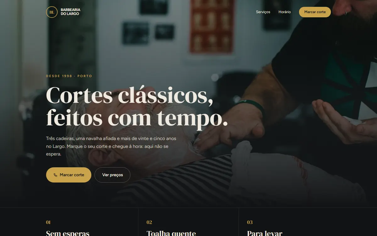 Página inicial do site de exemplo Barbearia do Largo