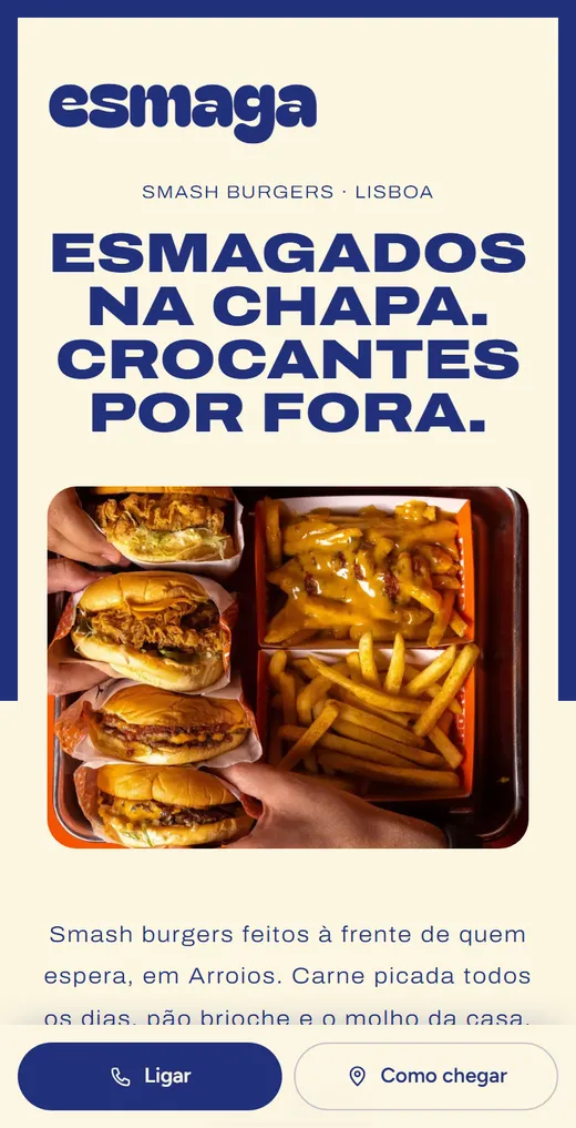 Página inicial de Esmaga Burgers, no telemóvel