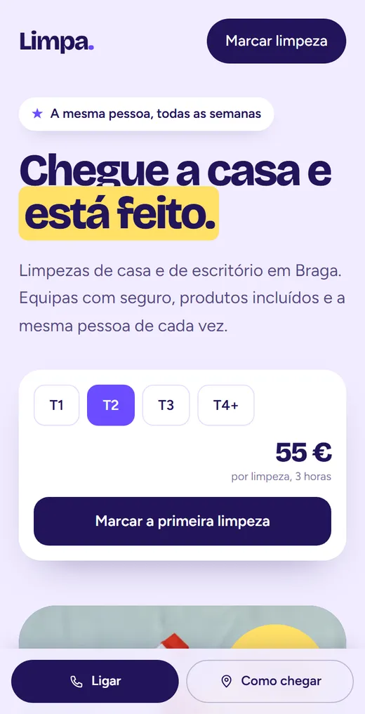 Página inicial de Limpa., no telemóvel