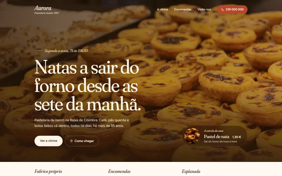 Página inicial do site de exemplo Pastelaria Aurora