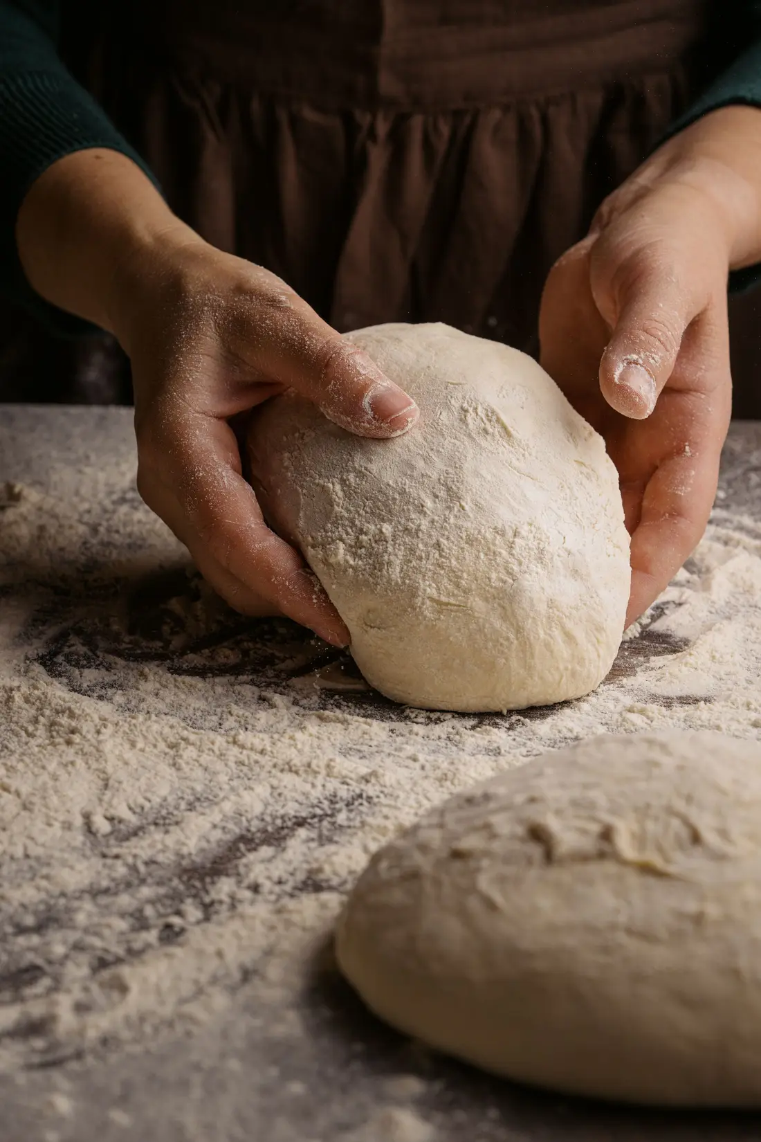 Mãos a trabalhar a massa sobre farinha