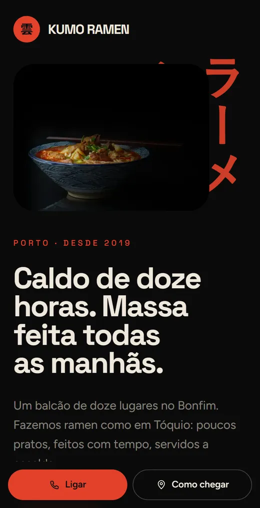 Página inicial de Kumo Ramen, no telemóvel