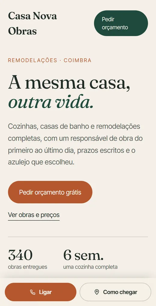 Página inicial de Casa Nova Obras, no telemóvel