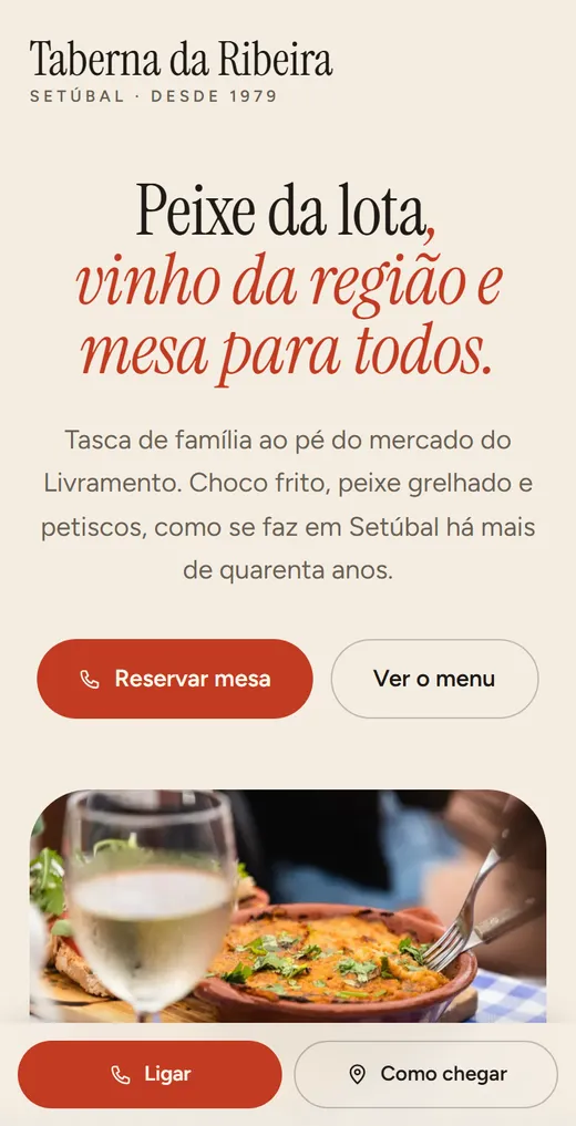 Página inicial de Taberna da Ribeira, no telemóvel