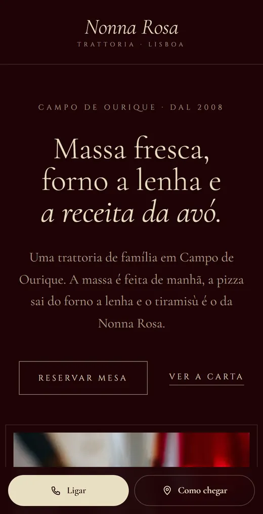 Página inicial de Trattoria Nonna Rosa, no telemóvel