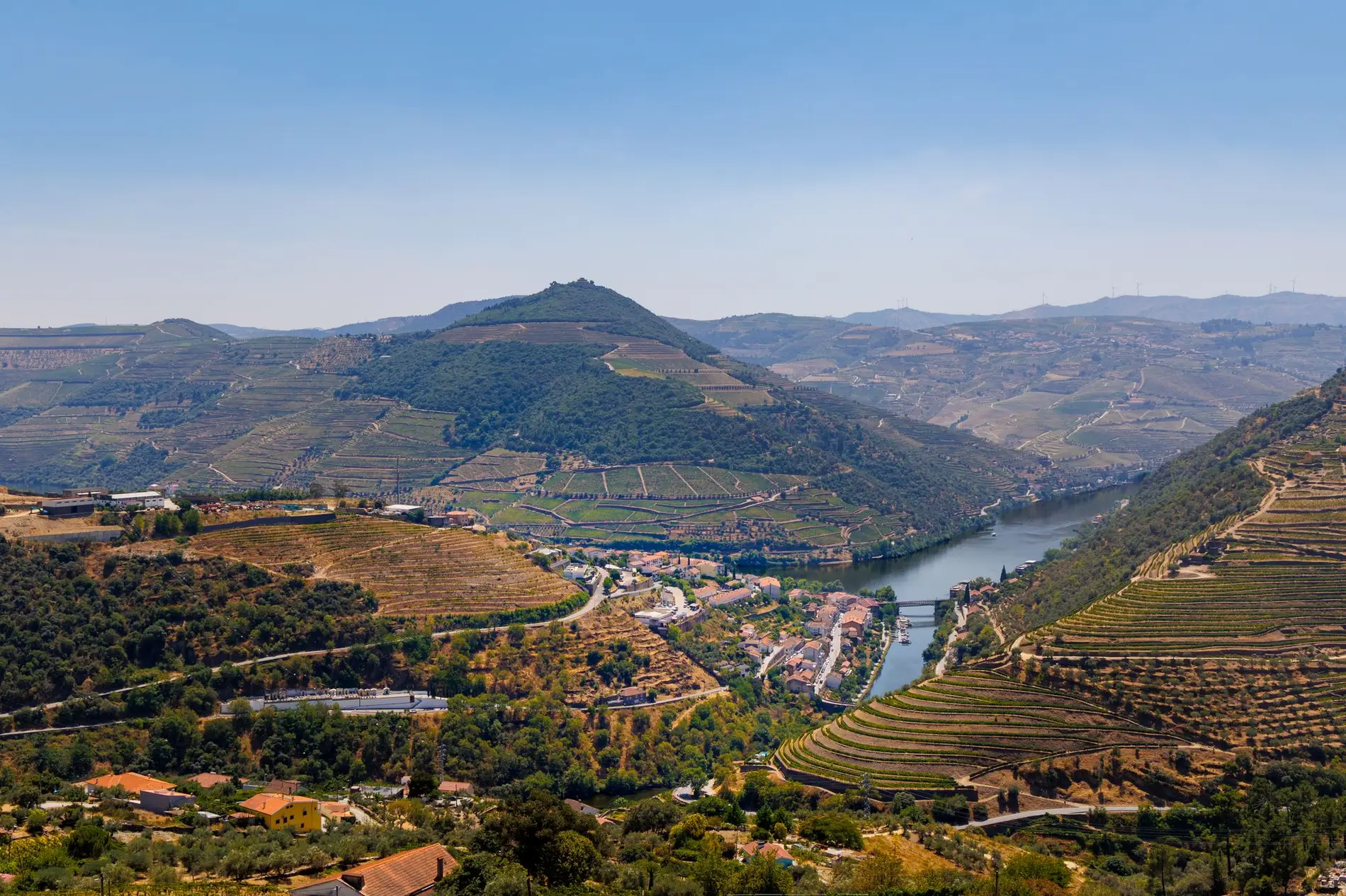 O vale do Douro com vinhas em socalcos e o rio ao fundo