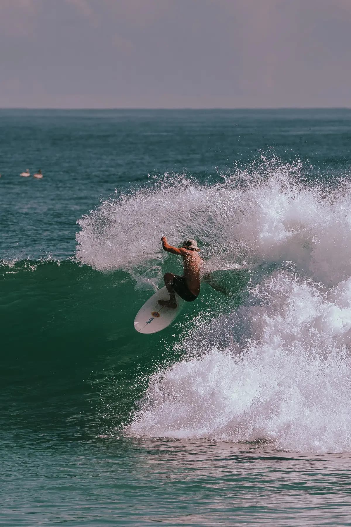 Surfista a fazer uma curva numa onda verde