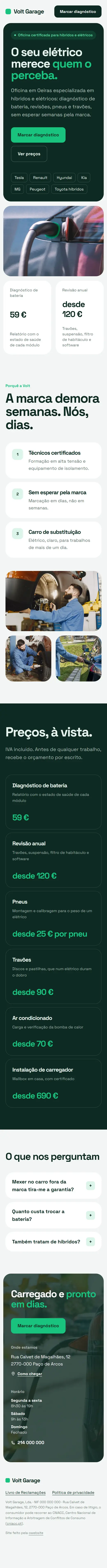 Página de Volt Garage, no telemóvel